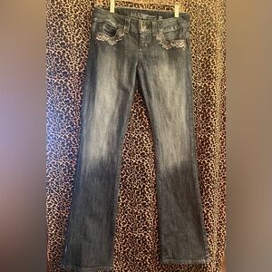 Y2K LOW RISE  Guess DareDevil boot cut  Jeans sz 28 Gem button Lace trim 🦋